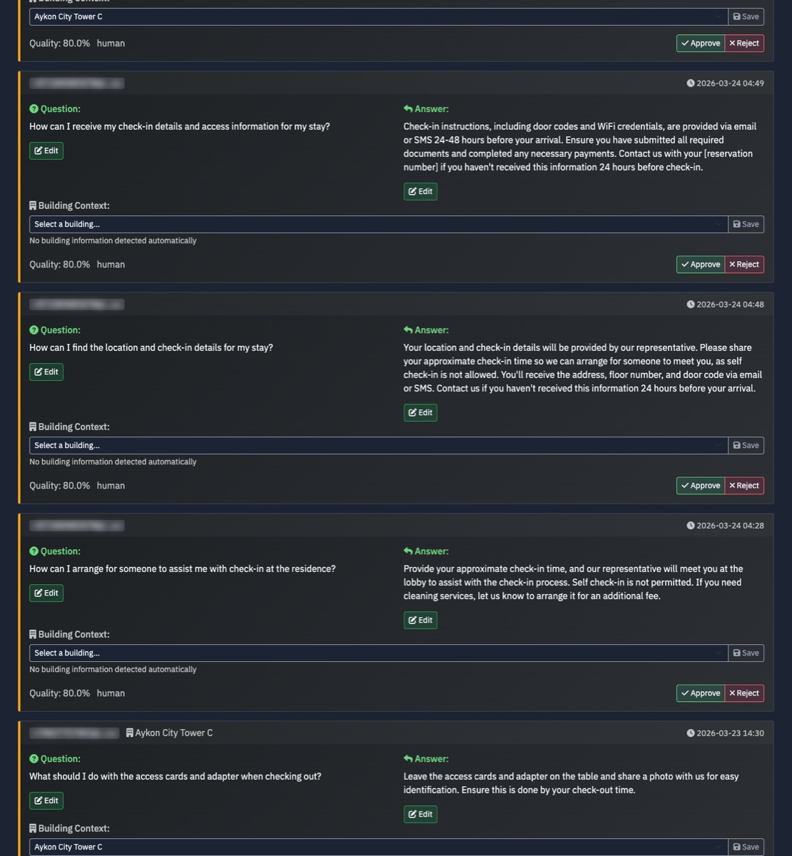 HostMate Q&A moderation queue — the Curator review step, showing real guest questions, quality scores and approve/reject, guest identifiers blurred
